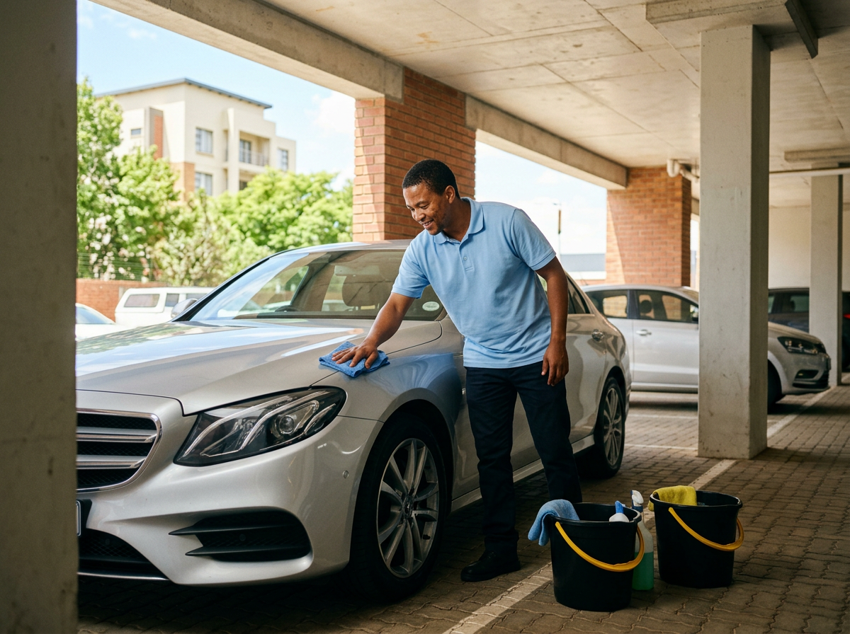 On-site car wash in a residential parking bay.