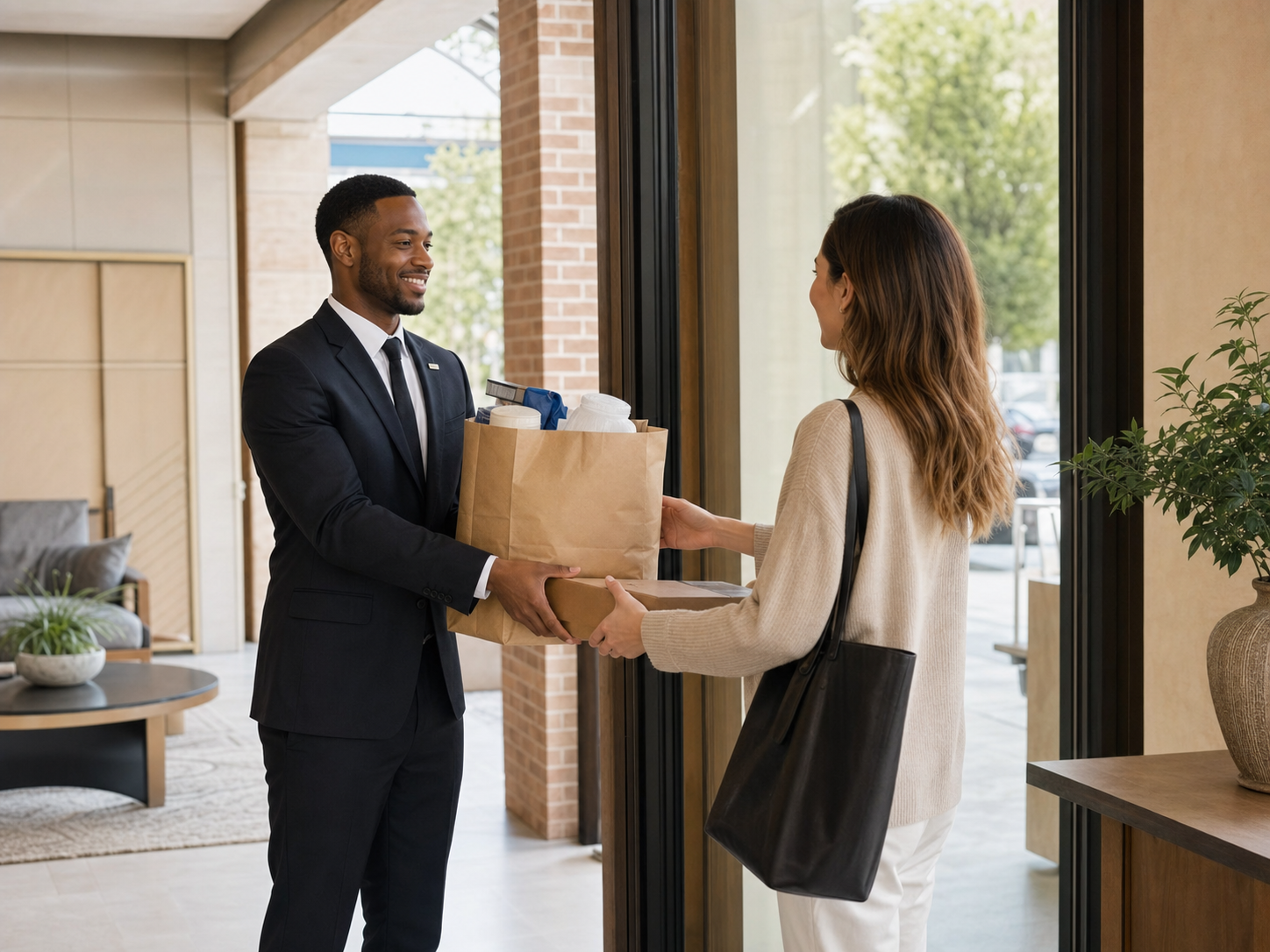 Concierge handing a resident arranged items in a premium residential lobby.