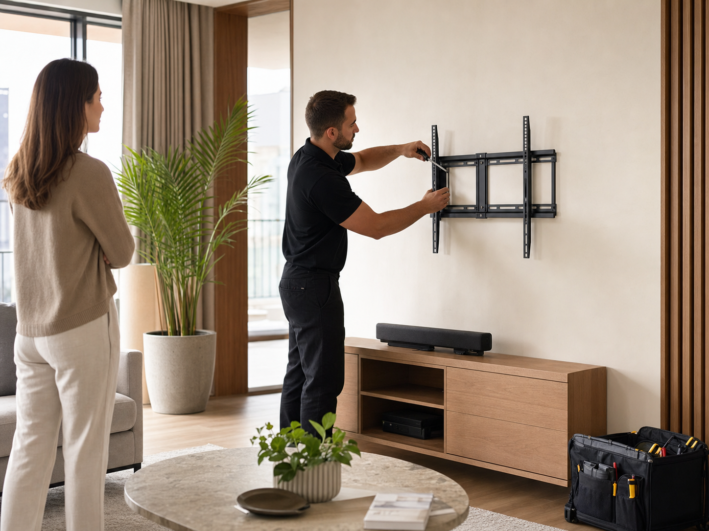Handyman installing a TV mounting bracket in a premium apartment lounge.