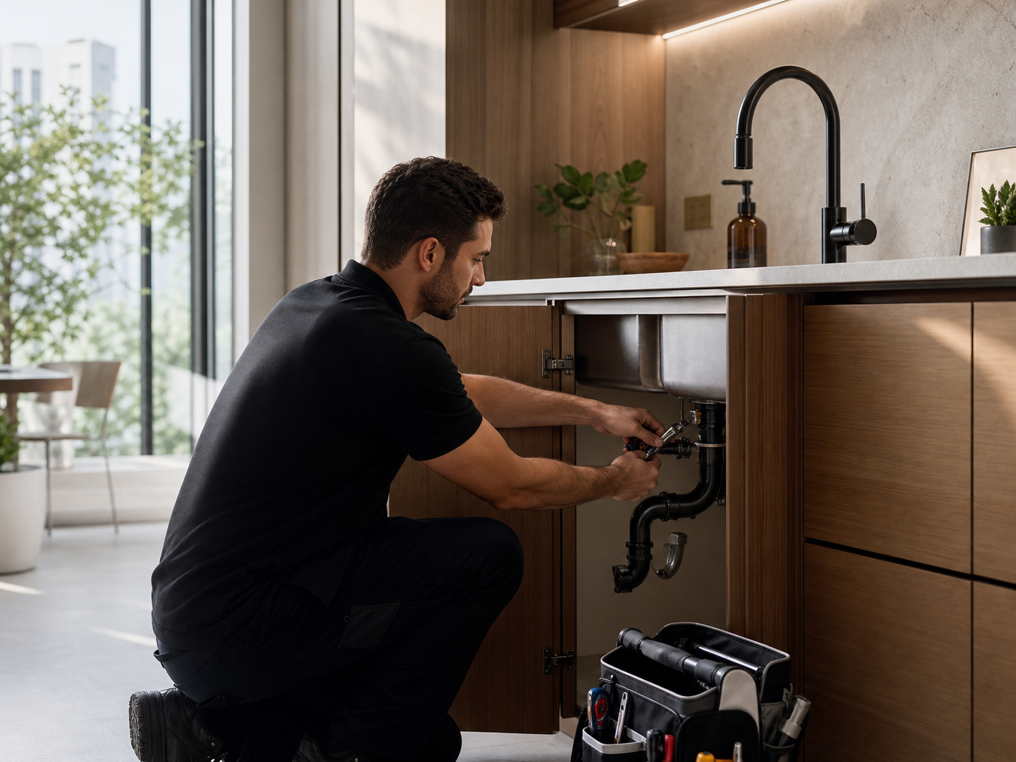 Maintenance technician fixing plumbing under a premium apartment sink.