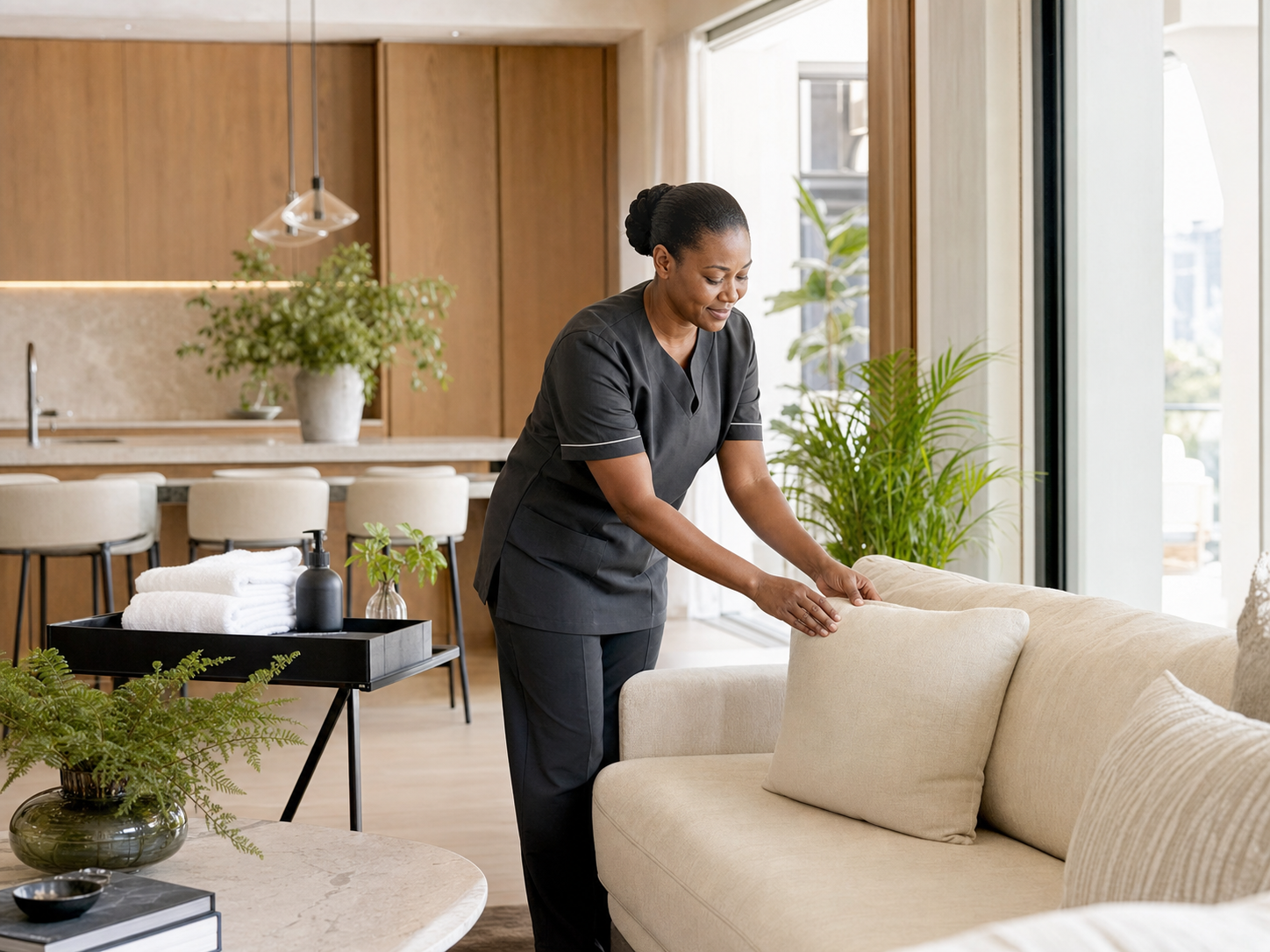 Housekeeping professional refreshing a premium apartment lounge.