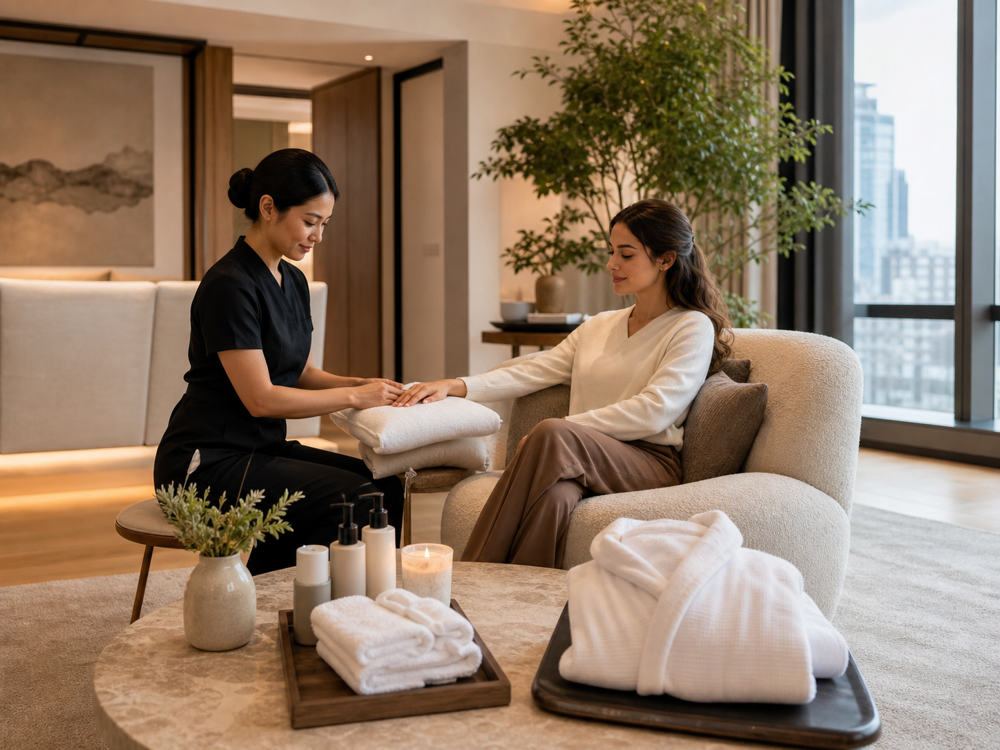 Spa therapist providing an in-home treatment in a premium apartment lounge.