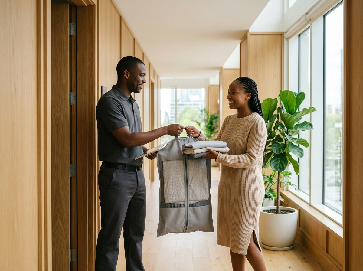 Laundry pickup and drop-off at a resident apartment door.