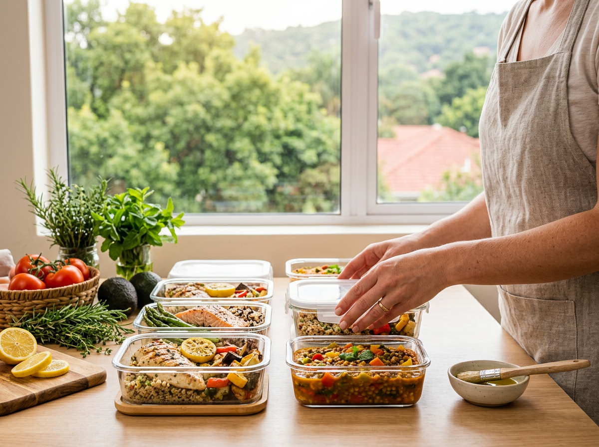 Prepared meals being packed in a bright residential kitchen.