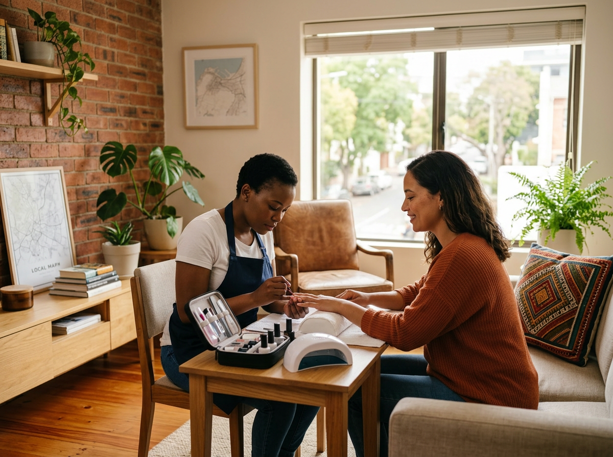 Nail technician giving an at-home manicure in a resident apartment.