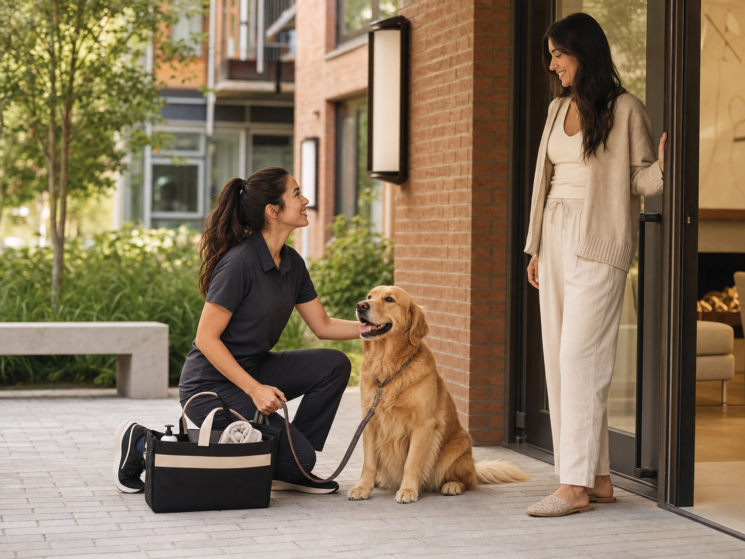 Pet care support arranged for a resident outside an apartment building.
