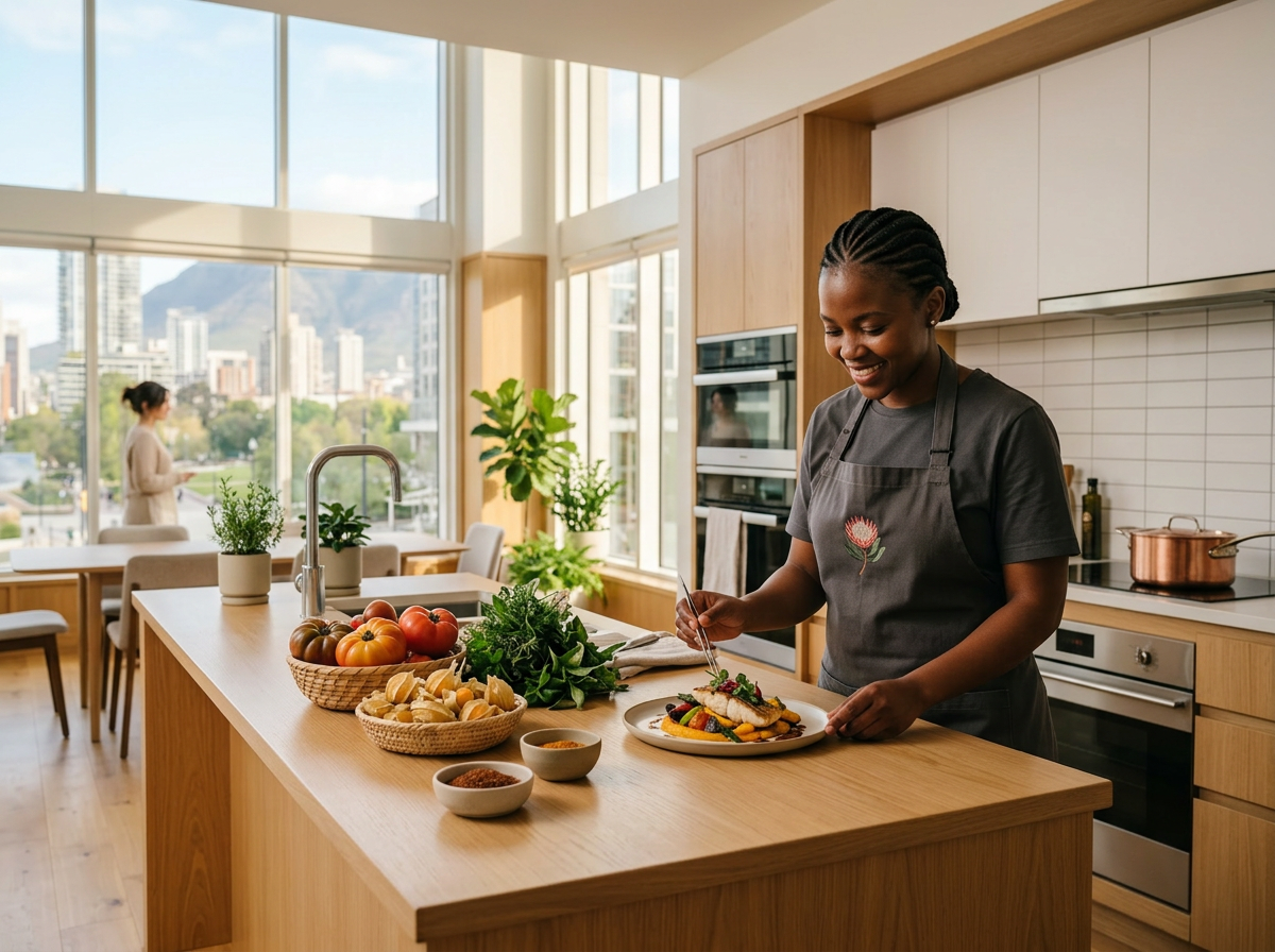 Private chef plating dinner in a residential kitchen.