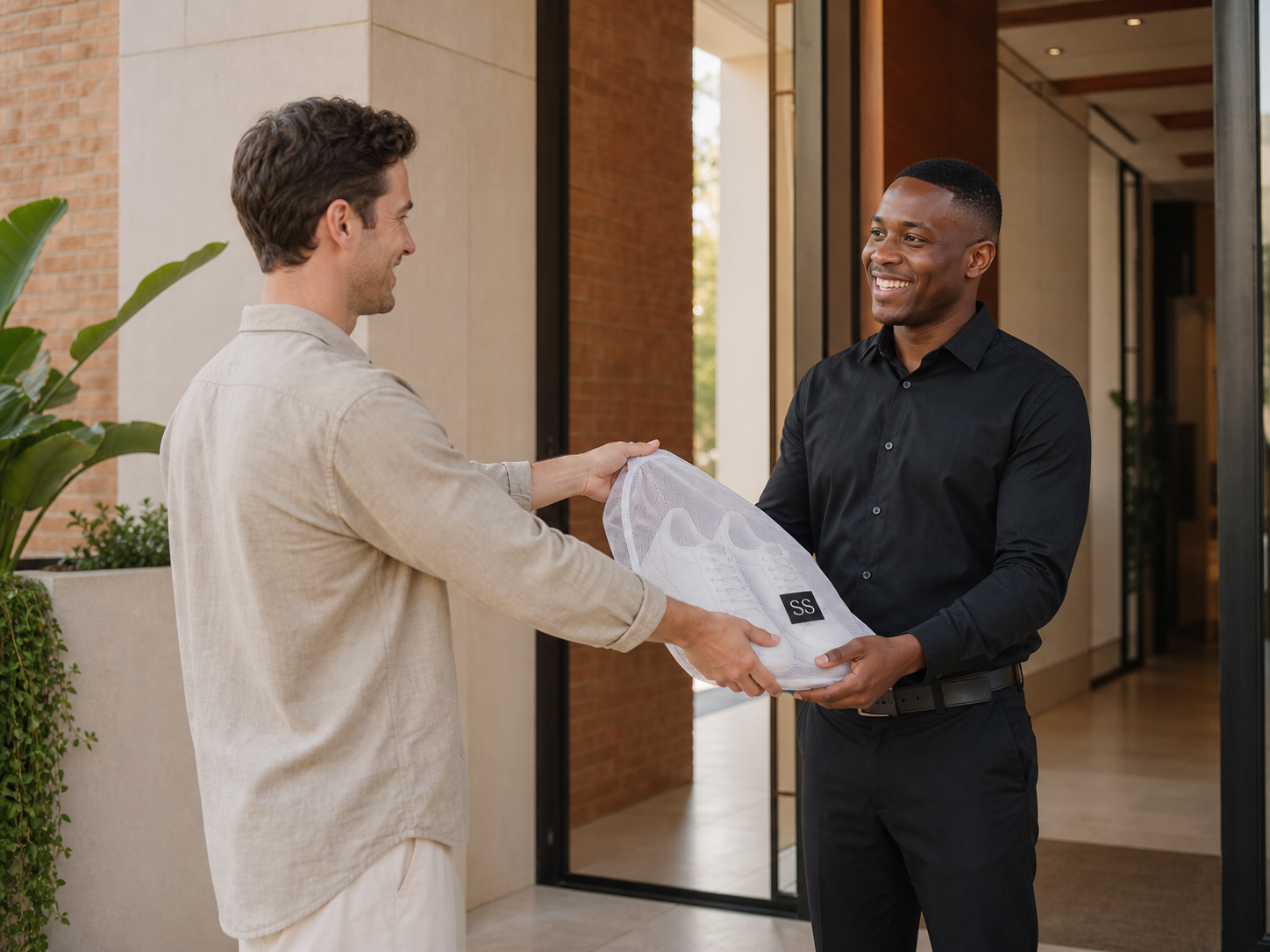 Resident handing sneakers in a mesh bag to a building concierge.