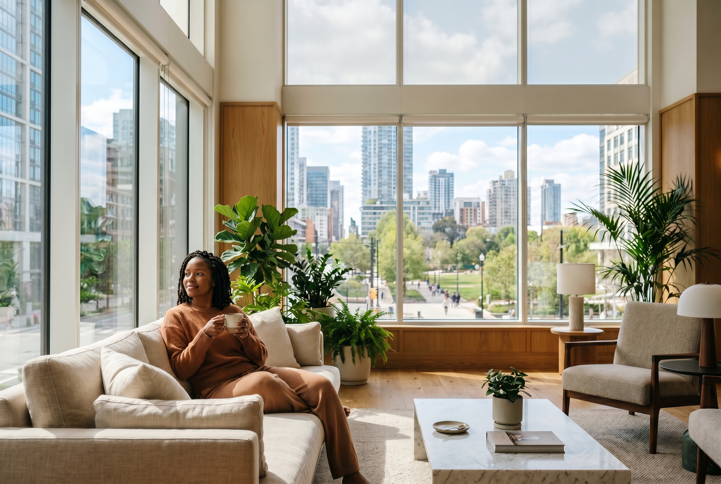 Resident relaxing in a bright residential lounge with city views.